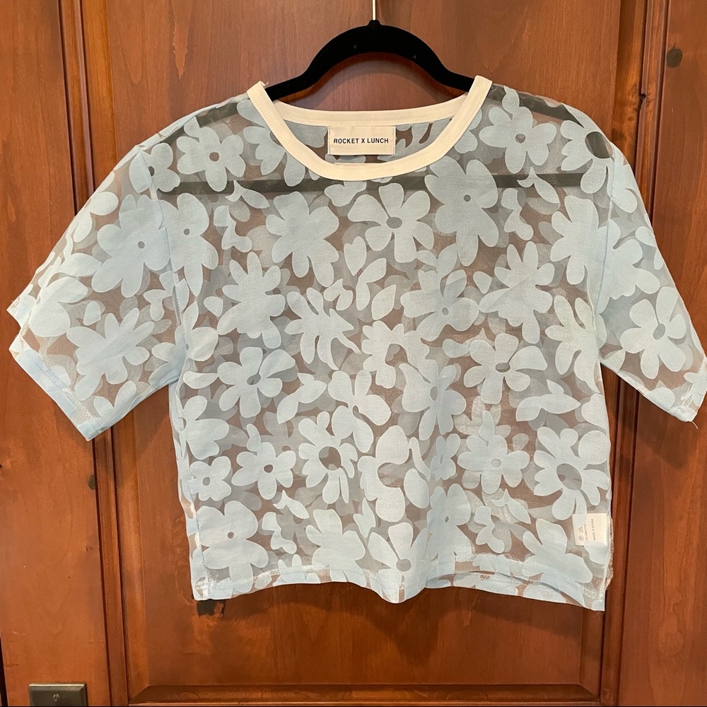 ROCKET X LUNCH Sheer Blue Floral Short Sleeve Top